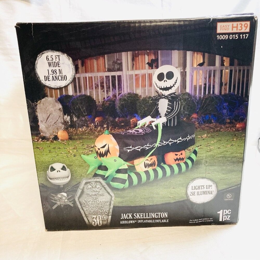 New 6.5 Ft Jack On Coffin Sleigh Nightmare Before Christmas Airblown Inflatable - Picture 1 of 4
